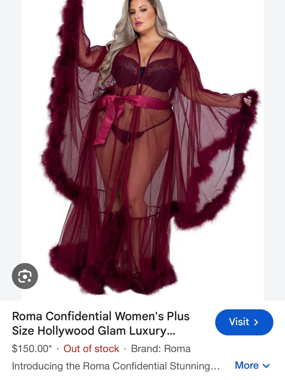 Roma Sheer Marabou-Trim Plus Size Robe in Burgundy